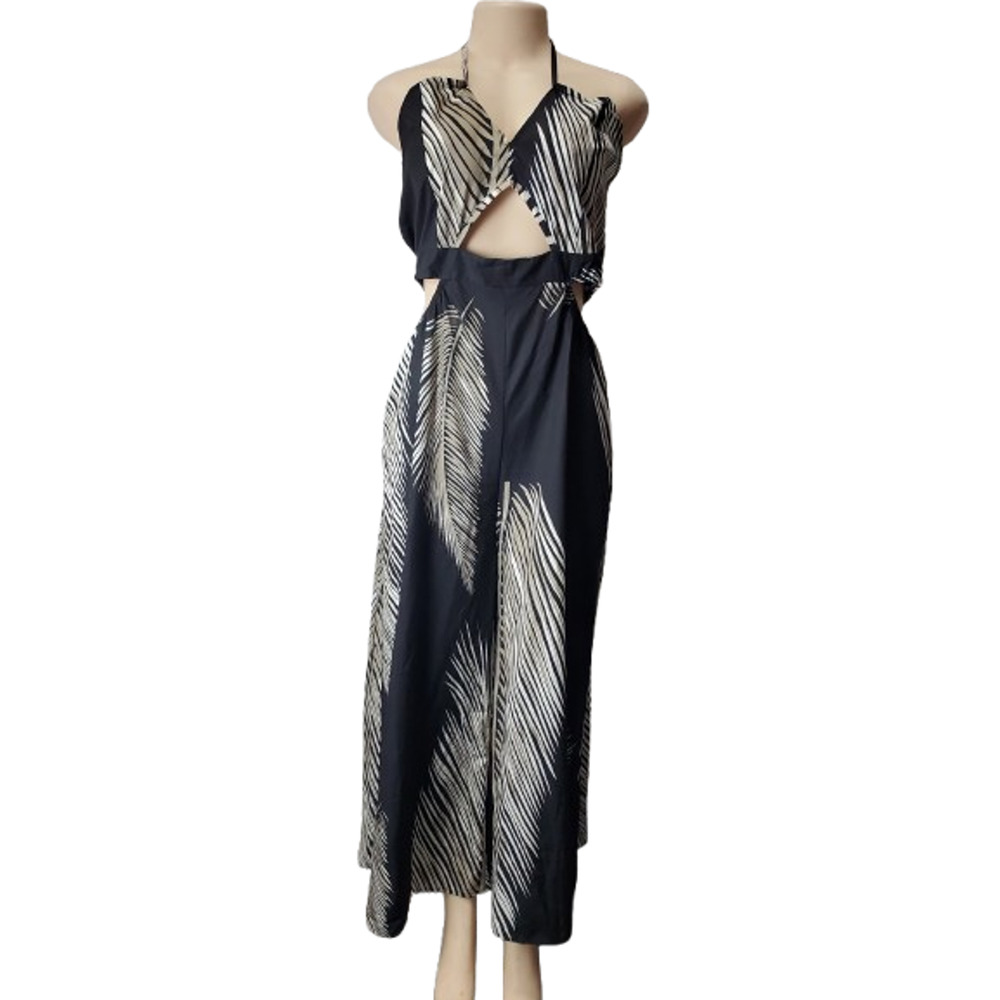 Shein women's black multi floral halter jumpsuit size L